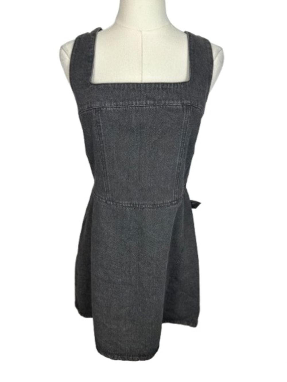Lulu's Charcoal Square-Neck Denim Pinafore Mini Dress